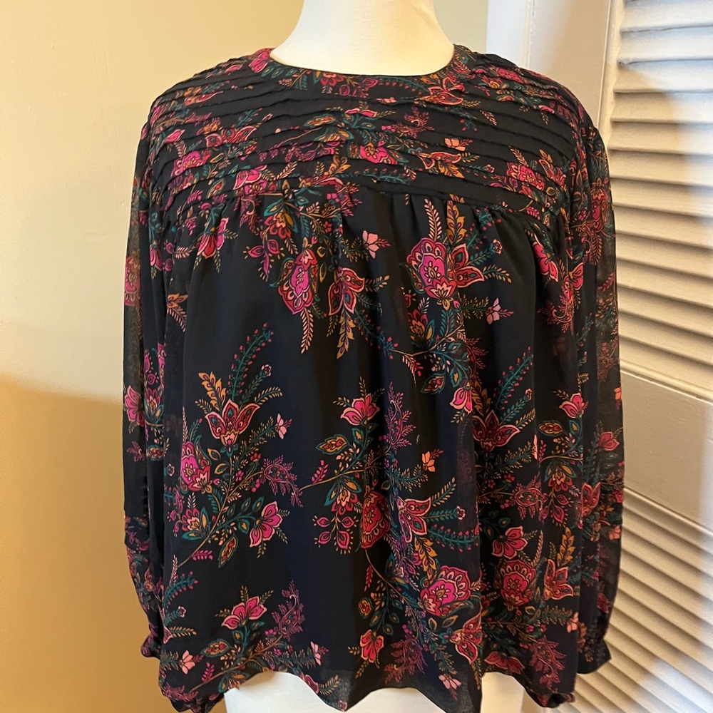 Topshop Black and Pink Floral Blouse long sleeve top. Size 12